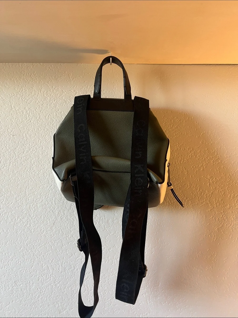 Calvin Klein Olive and Black Pebble Leather Two-Tone Backpack with Coin Pouch